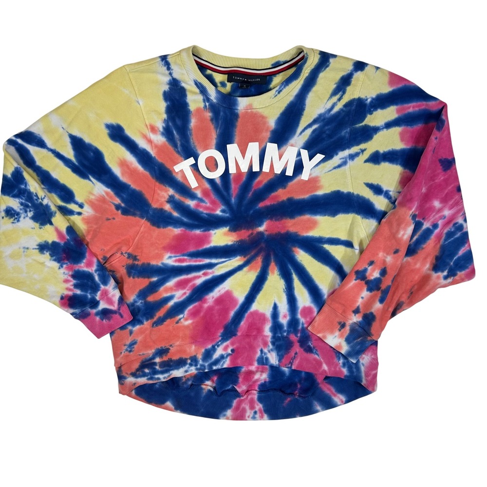 Tommy Hilfiger Womens Tie Dye Crewneck Sweatshirt Blue Yellow Pink‎ Logo Medium